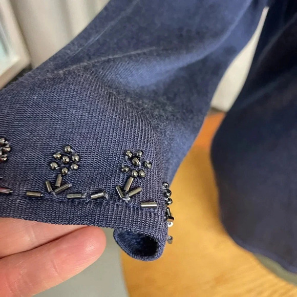 Lemon Grass navy cardigan with beaded embellishment cuffs, collar & by buttons L - Picture 3 of 5